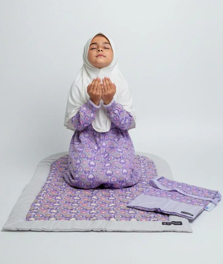 Artemea Lilac Printed Girls Prayer dress- Mat & Bag set